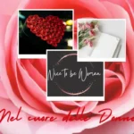 Immagine con rosa sullo sfondo, rose a forma di cuore, diario con fiori e logo del blog nice to be woman.