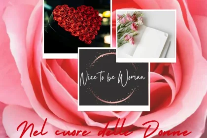 Immagine con rosa sullo sfondo, rose a forma di cuore, diario con fiori e logo del blog nice to be woman.