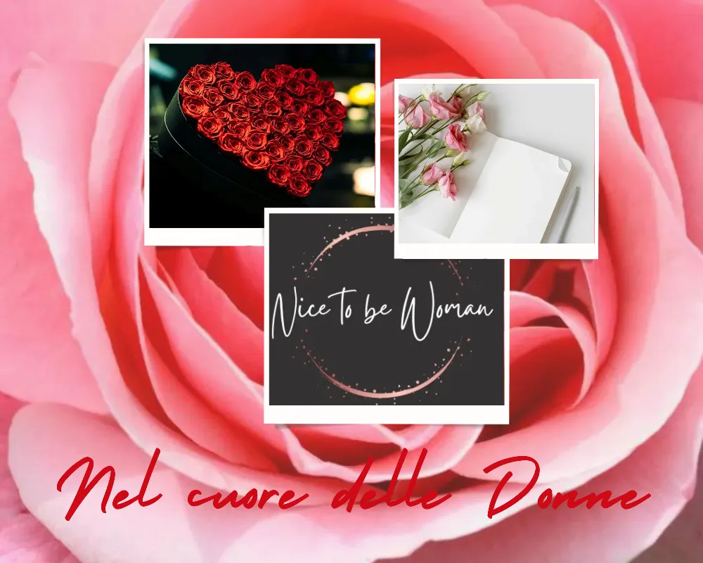 Collage con rosa, immagine del logo, cuore di rose rosse e diario