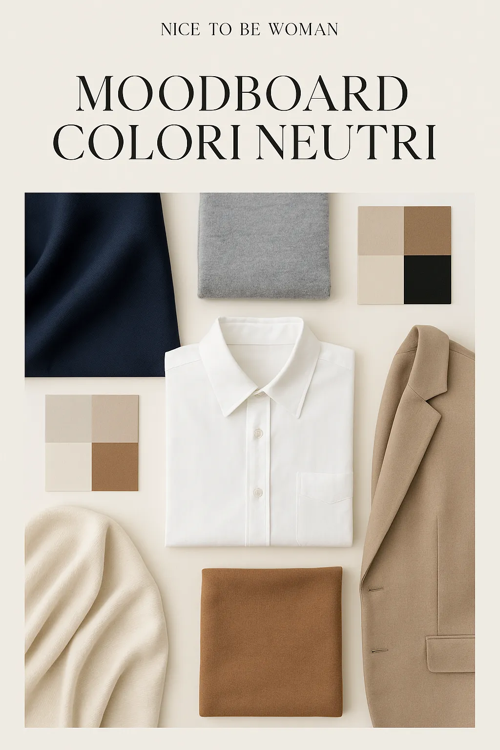 moodboard con alcuni capi di abbigliamento in colori neutri da abbinare tra loro e con altri colori per outfit eleganti