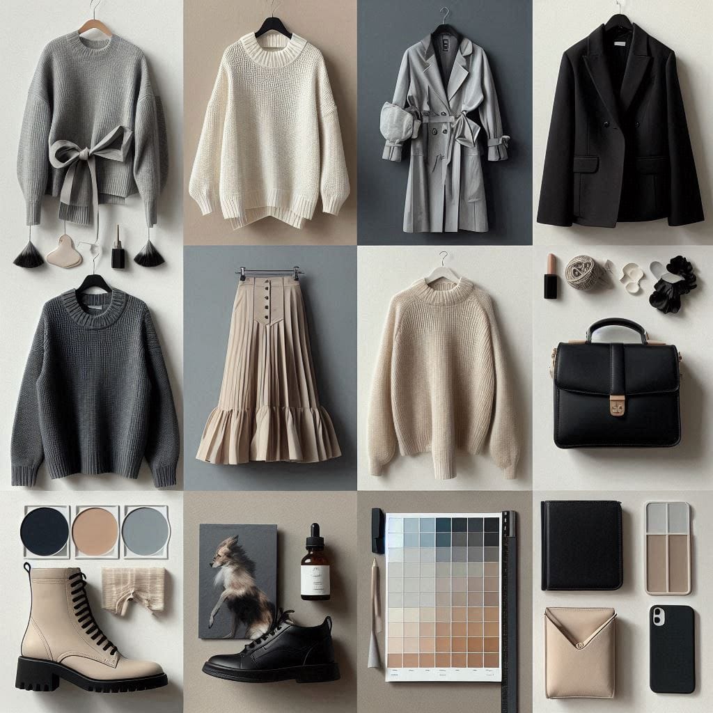 Moodboard con vari capi e accessori in colori neutri