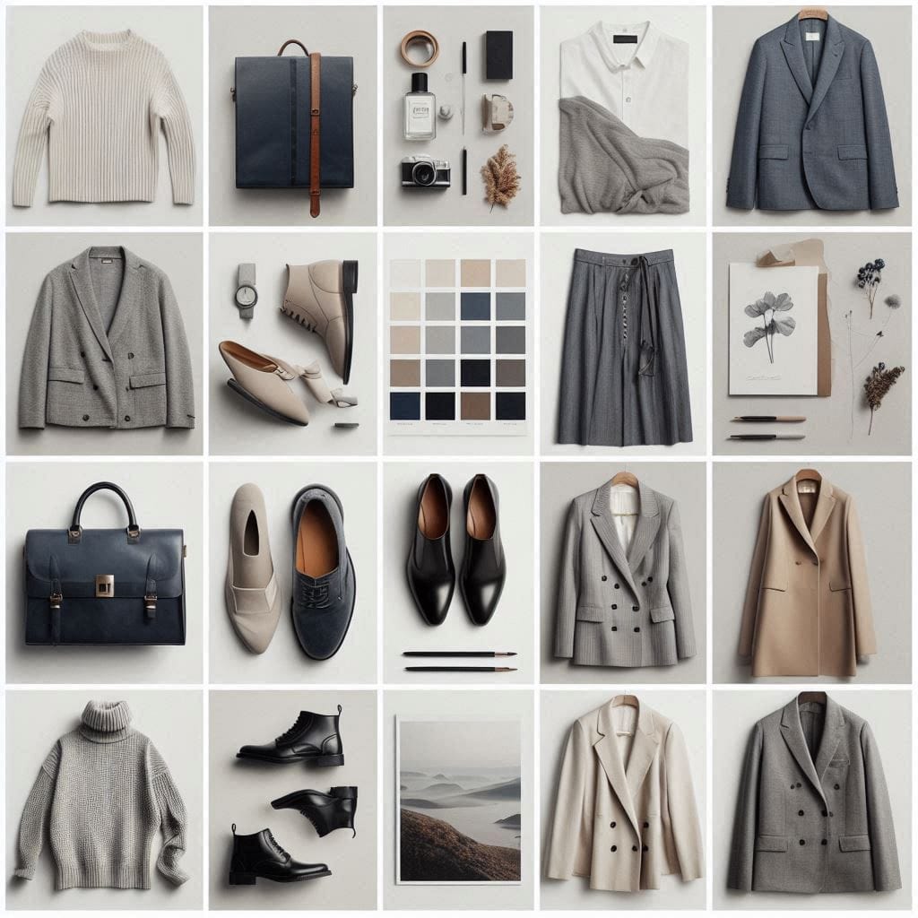 Moodboard con capi e accessori in colori neutri
