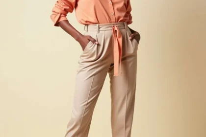 Donna con camicetta e pantaloni sartoriali nei colori adatti secondo l'armocromia