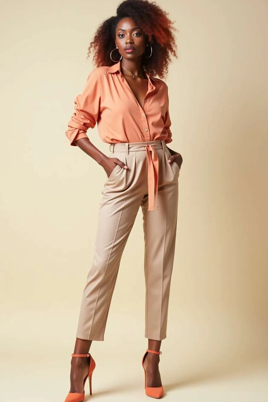 Donna con camicetta e pantaloni sartoriali nei colori adatti secondo l'armocromia