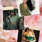Moodboard con vari outfit in tre tonalità di verde: oliva, salvia e smeraldo