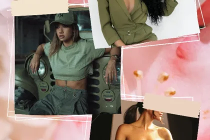 Moodboard con vari outfit in tre tonalità di verde: oliva, salvia e smeraldo