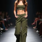 Modella sfila con outfit composto da top e pantaloni cargo verde oliva