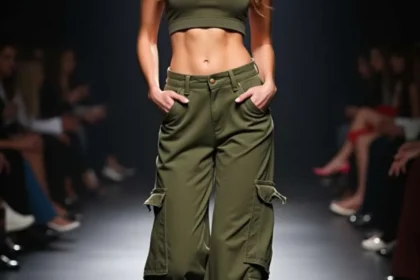 Modella sfila con outfit composto da top e pantaloni cargo verde oliva