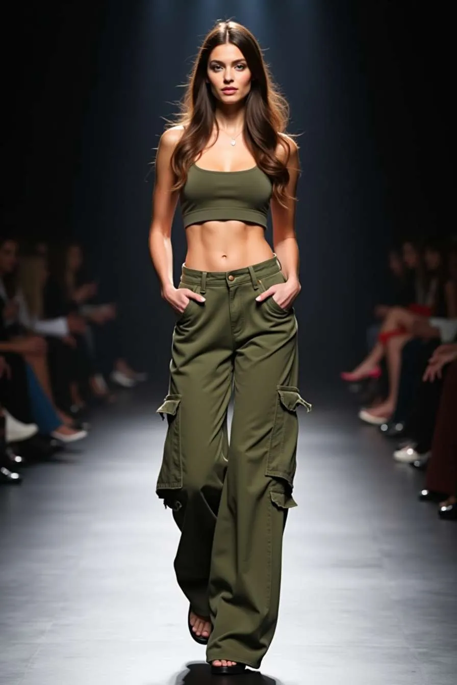Modella sfila con outfit composto da top e pantaloni cargo verde oliva