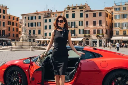 Donna con tubino nero scende da una macchina rossa sportiva