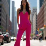 Donna indossa una tuta jumpsuit estiva fucsia in un ambiente urbano
