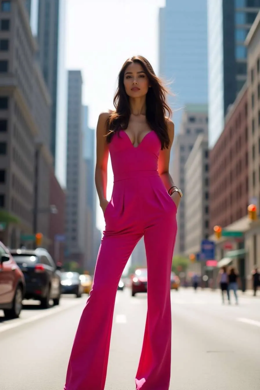 Donna indossa una tuta jumpsuit estiva fucsia in un ambiente urbano