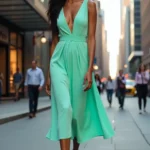 Ragazza indossa un vestito verde menta con scollatura profonda.