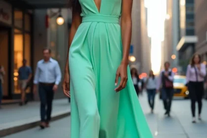 Ragazza indossa un vestito verde menta con scollatura profonda.