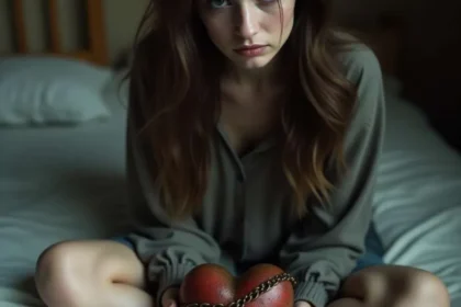 Ragazza triste con un cuore in catene tra le mani, simbolo di dipendenza affettiva.