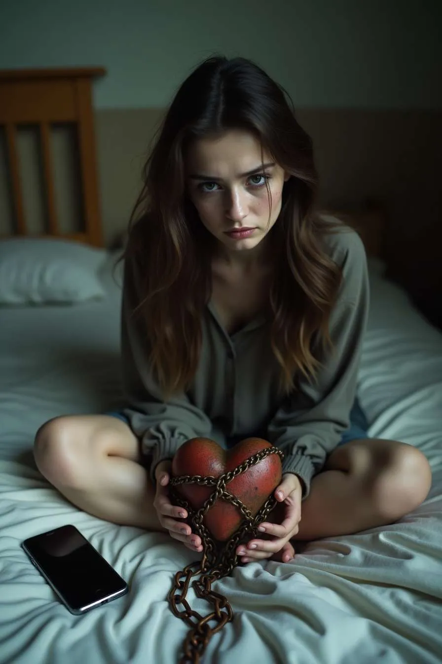 Ragazza triste con un cuore in catene tra le mani, simbolo di dipendenza affettiva.