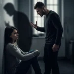 Uomo rimprovera una donna in una stanza oscura e opprimente