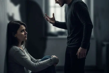 Uomo rimprovera una donna in una stanza oscura e opprimente