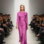 Modella sfila con abito lungo in seta di colore orchidea