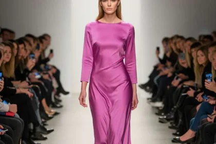 Modella sfila con abito lungo in seta di colore orchidea