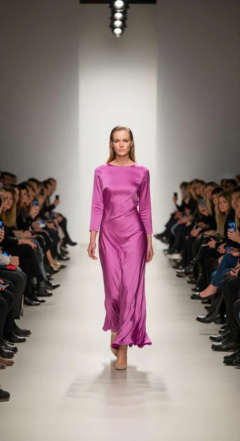 Modella sfila con abito lungo in seta di colore orchidea