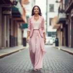 Donna con outfit monocromatico rosa