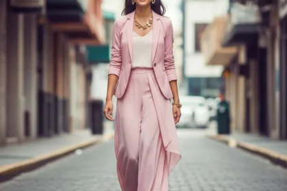 Donna con outfit monocromatico rosa