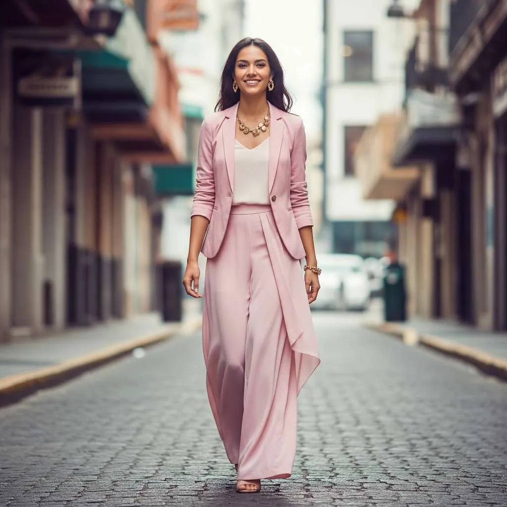Ragazza con look monocromatico rosa cipria
