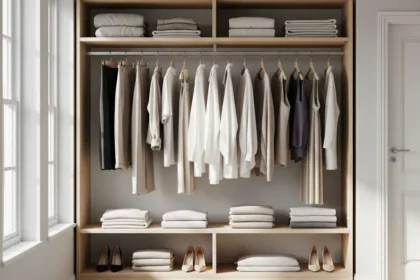 Un guardaroba capsule ordinato con capi essenziali