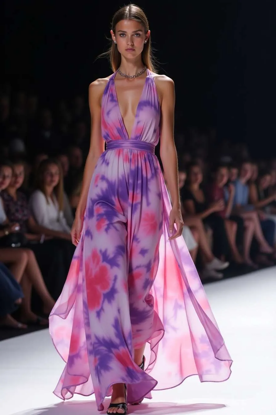 Modella indossa un abito fluido in chiffon con sfumature di colori rosa e viola
