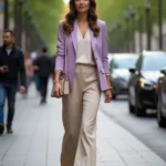 Donna indossa un blazer lilla e pantaloni beige in un mix elegante e raffinato