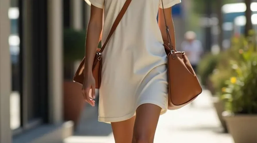 Donna con abito t-shirt beige, sneakers bianche e borse marroni