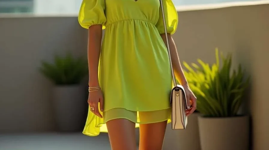 Ragazza con minidress estivo di colore verde lime