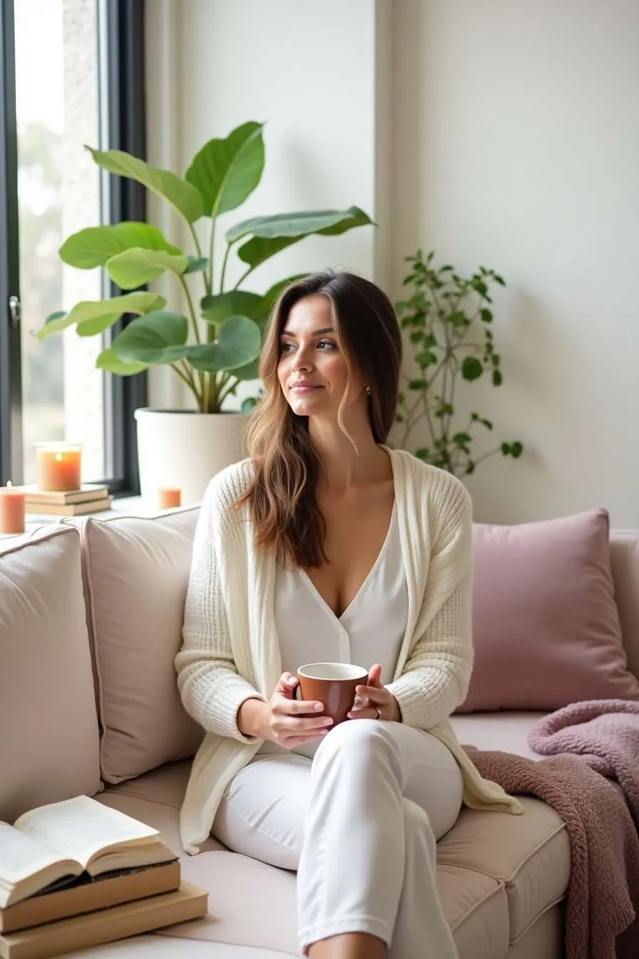 Donna sul divano in un momento di relax e benessere