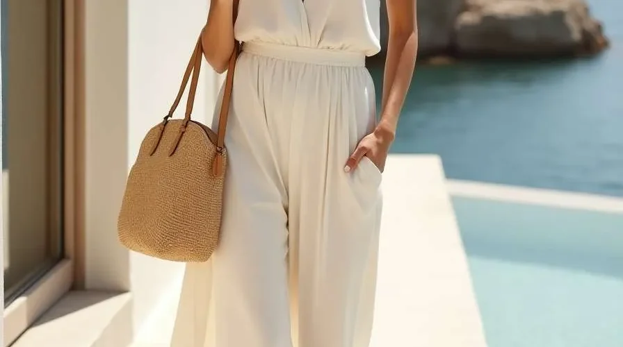 Donna con outfit estivo minimal in colori neutri di tendenza