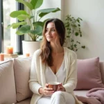 Donna seduta sul divano in un momento di relax e benessere