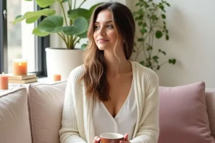 Donna seduta sul divano in un momento di relax e benessere