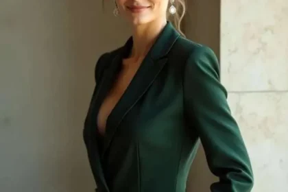 Donna sicura di sé indossa un tailleur verde smeraldo