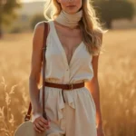 Donna con outfit beige chiaro in paesaggio campestre