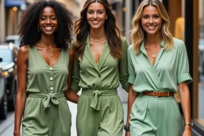 Tre ragazze con tre outfit in diverse tonalità di verde pastello per l'armocromia Autunno
