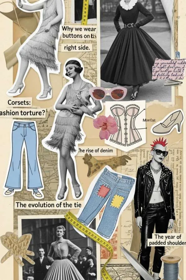 Collage di curiosità e storia della moda con elementi vintage e moderni