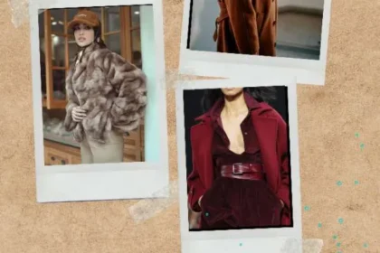 Collage di tendenze moda per la stagione Autunno Inverno 2025-2026: Pelliccia beige, cappotto cammello, outfit bordeaux.