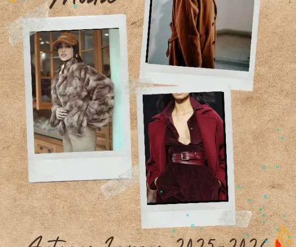 Collage di tendenze moda per la stagione Autunno Inverno 2025-2026: Pelliccia beige, cappotto cammello, outfit bordeaux.