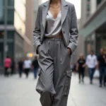 Donna indossa un outfit monocromatico in varie tonalità di grigio