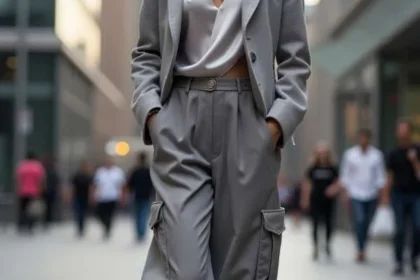 Donna indossa un outfit monocromatico in varie tonalità di grigio