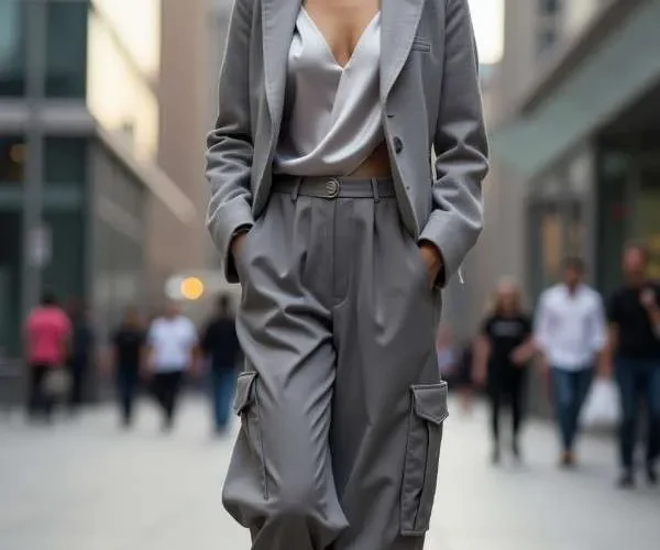 Donna indossa un outfit monocromatico in varie tonalità di grigio