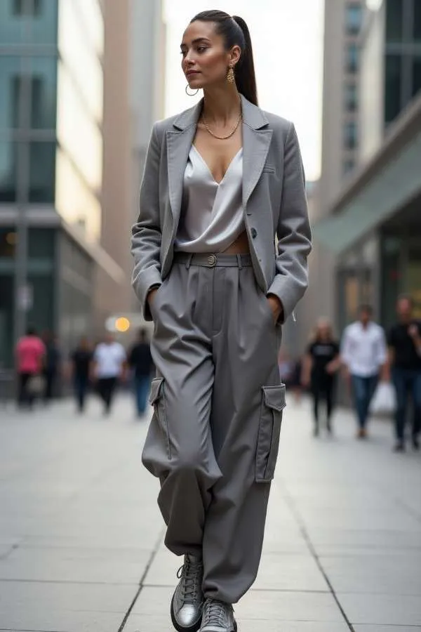 Donna indossa un outfit monocromatico in varie tonalità di grigio