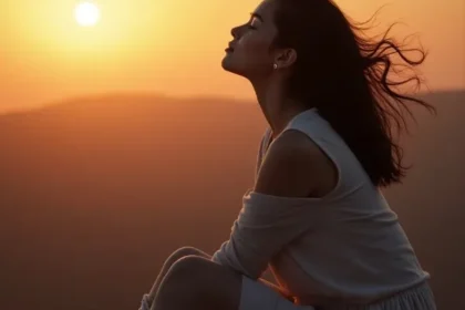 Donna serena al tramonto simbolo del superamento delle emozioni negative e il raggiungimento del benessere