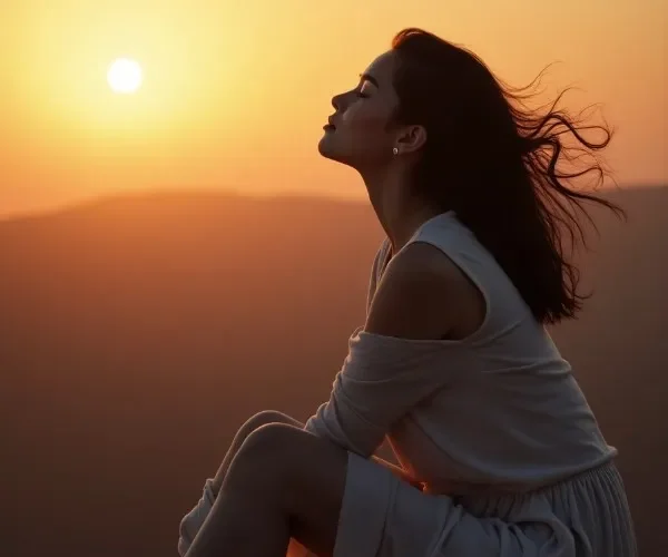 Donna serena al tramonto simbolo del superamento delle emozioni negative e il raggiungimento del benessere