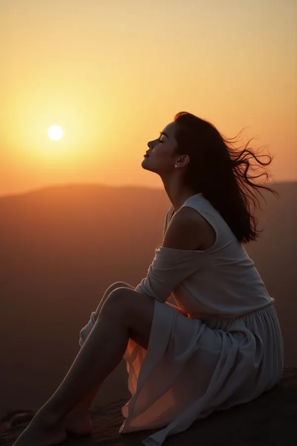 Donna serena al tramonto simbolo del superamento delle emozioni negative e il raggiungimento del benessere